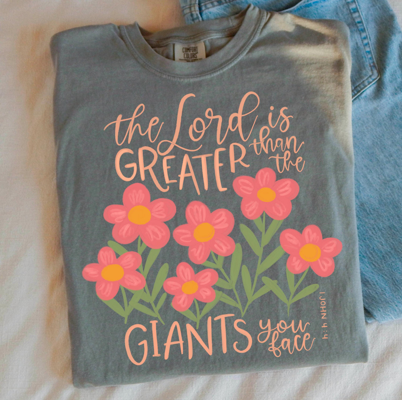 The Lord is greater than the giants you face grey tee