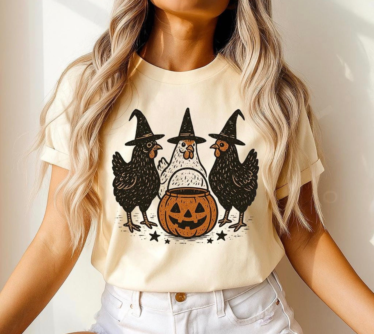 chickens witches beige tee