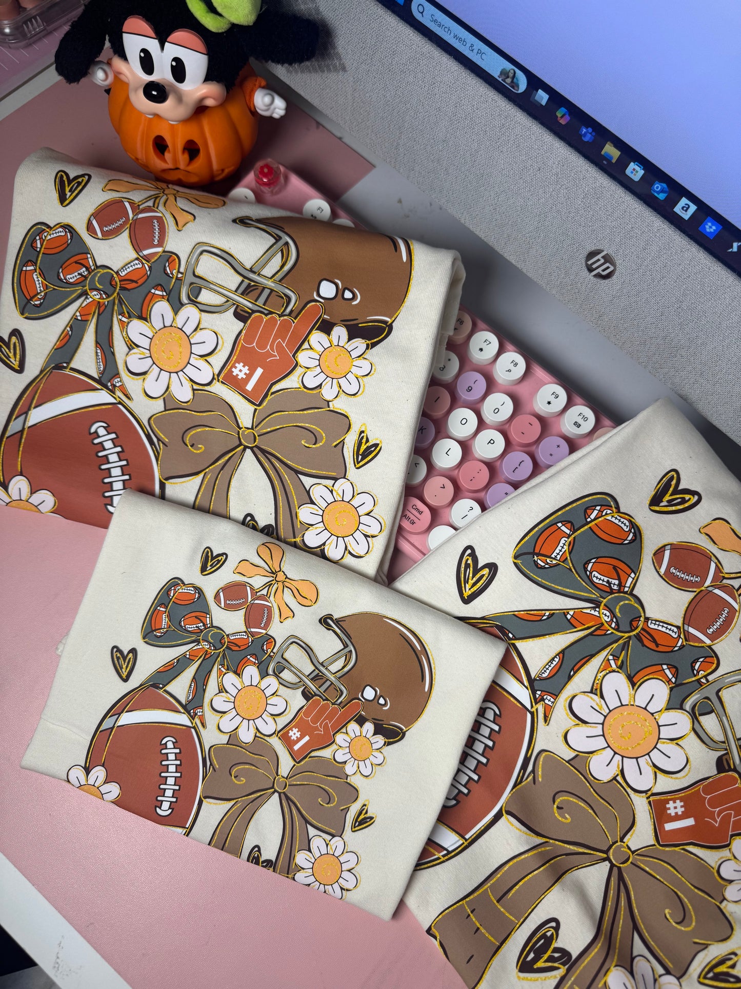 football & bows beige tee