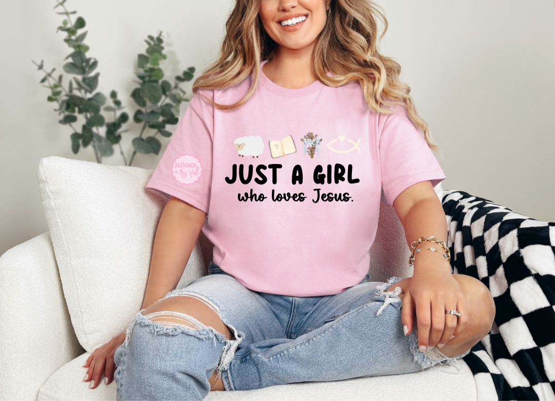 just a girl who loves jesus pink tee