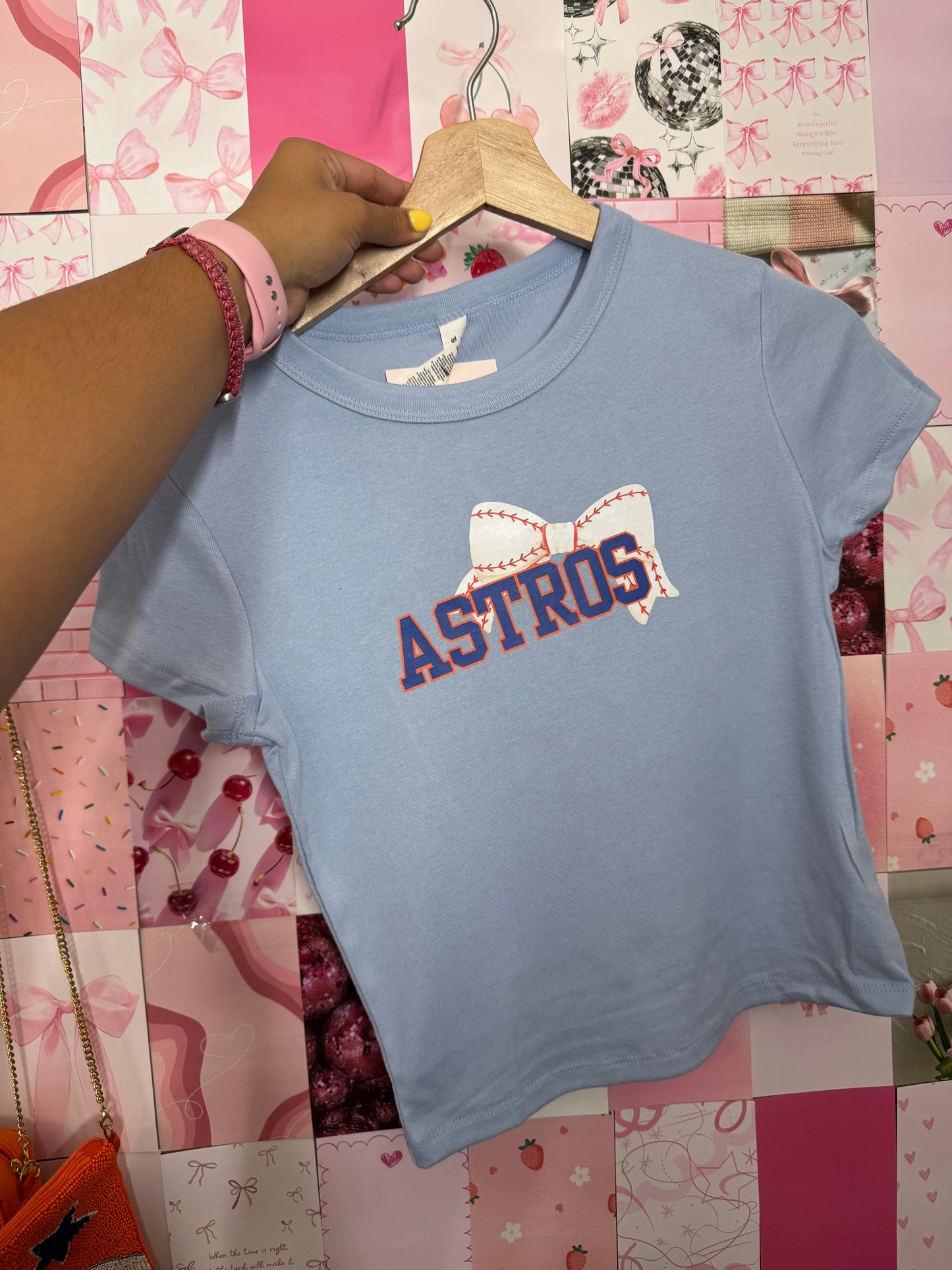 astros with bows light blue baby tee