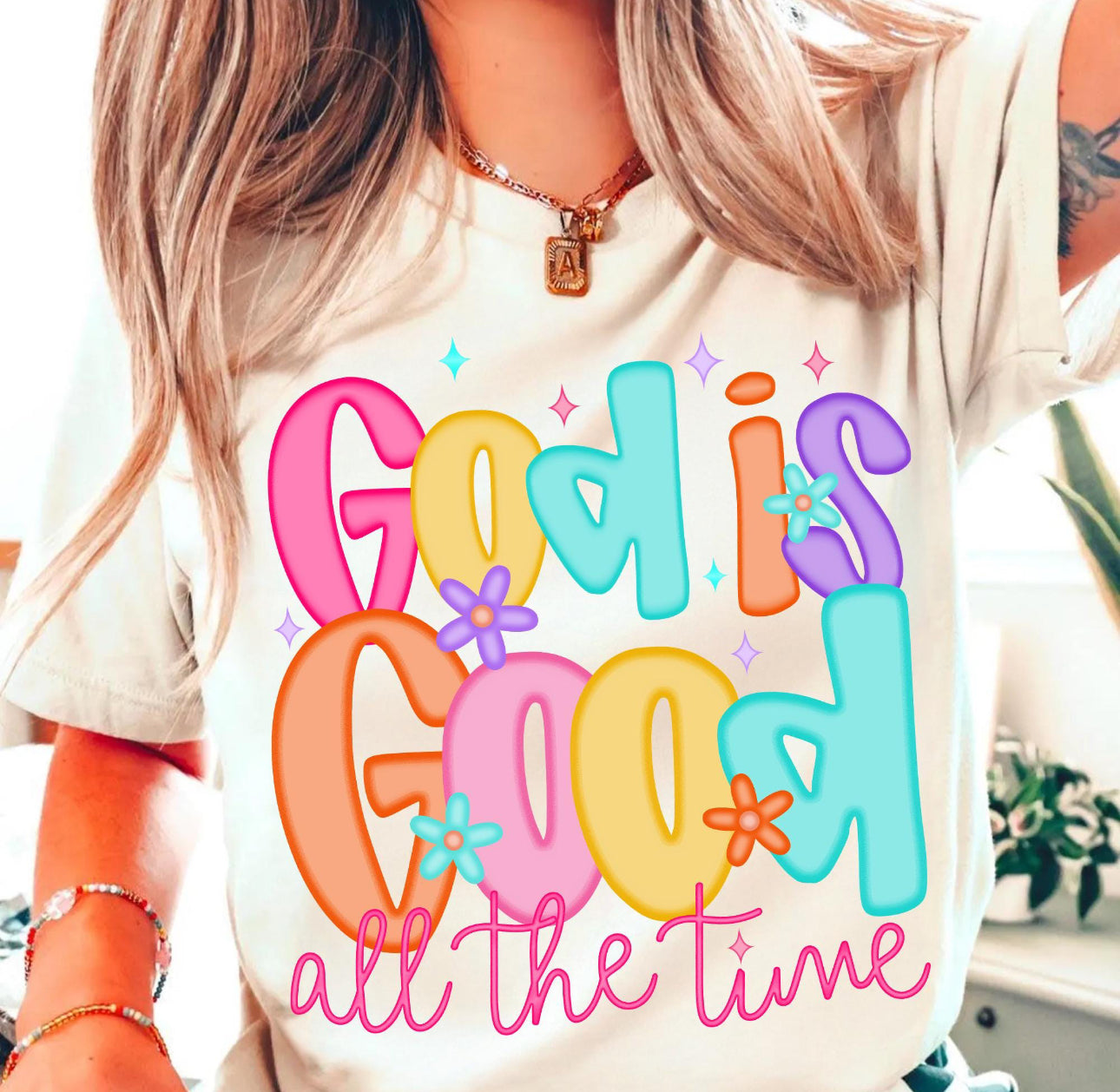 God is good all the time beige tee