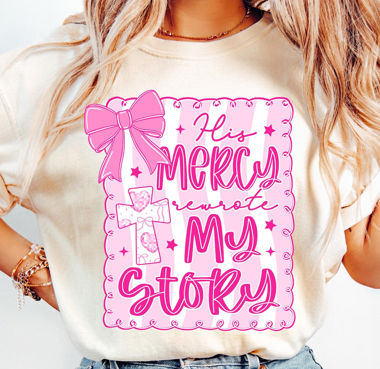 his mercy rewrote my story cream color tee