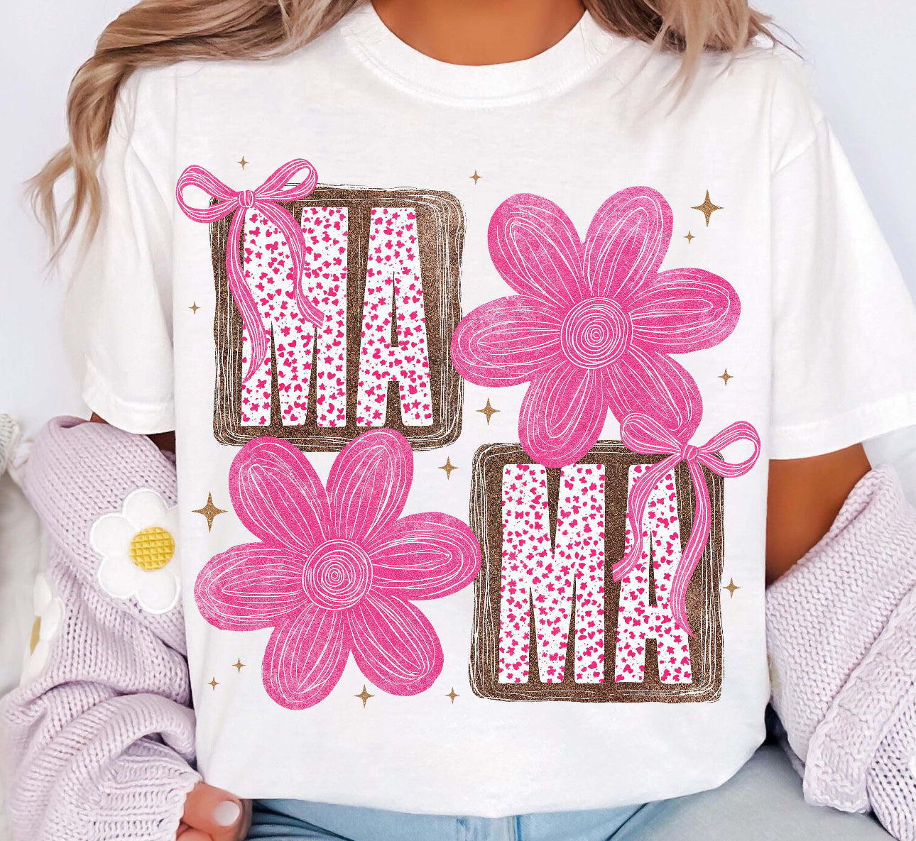 MAMA white tee with pink flowers