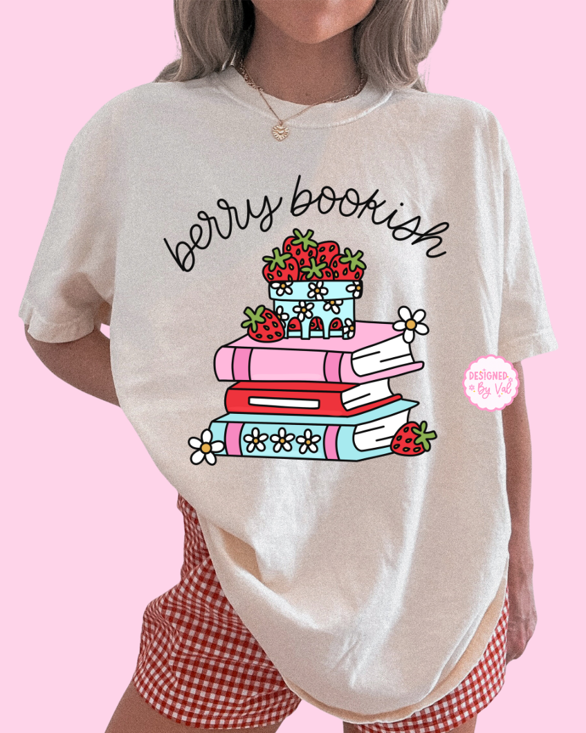 berry bookish beige tee