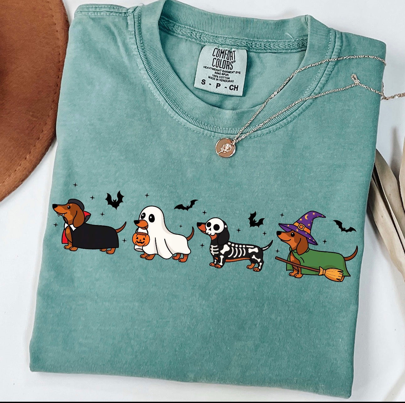 dogs spooky teal tee