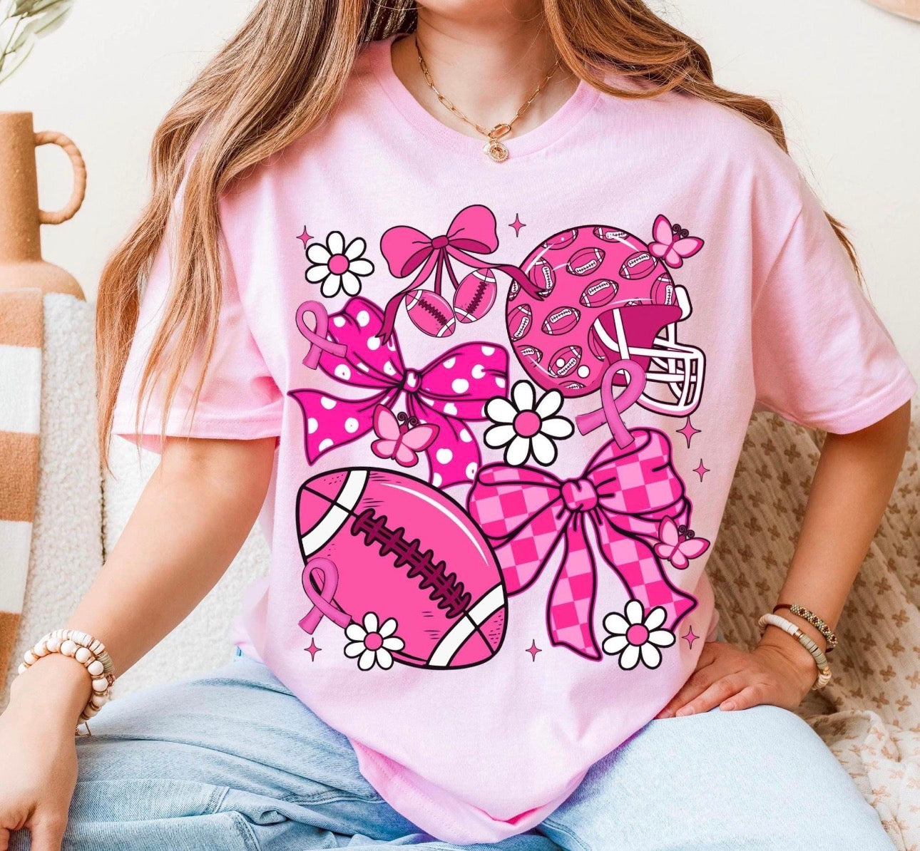 breast cancer football pink tee
