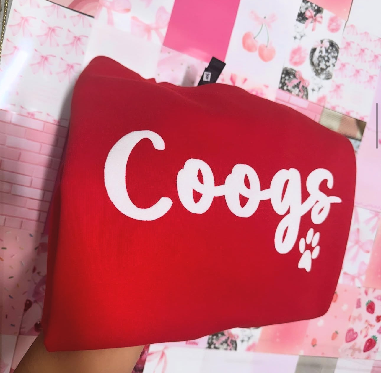 coogs red SHIRT white glitter puff vinyl