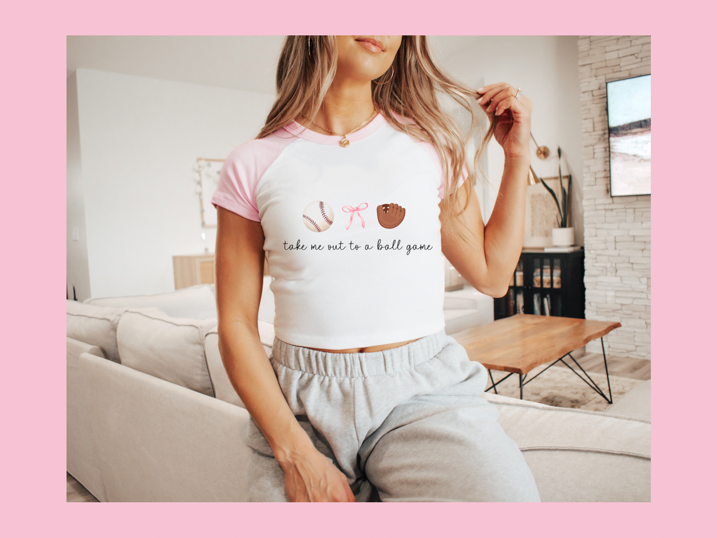 take me out to a ball game pink baby tee
