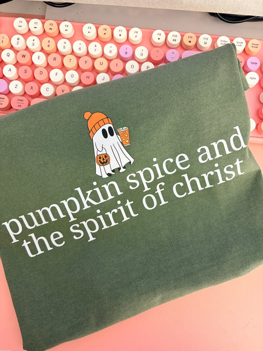 pumpkin spice and the spirt of christ olive green tee