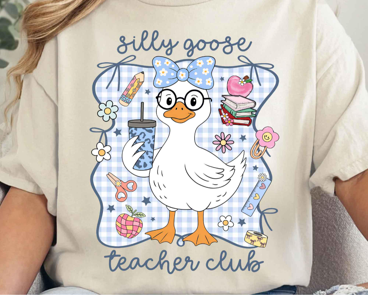 silly goose teacher clubs beige tee