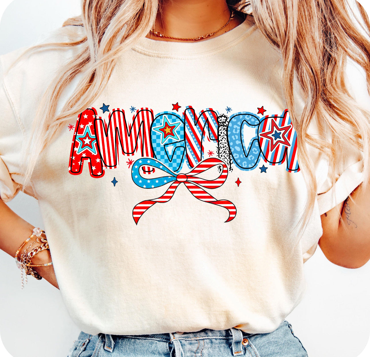 America w Bow beige tee