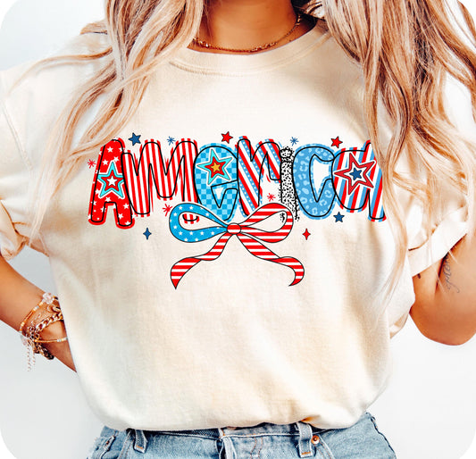 America w Bow beige tee