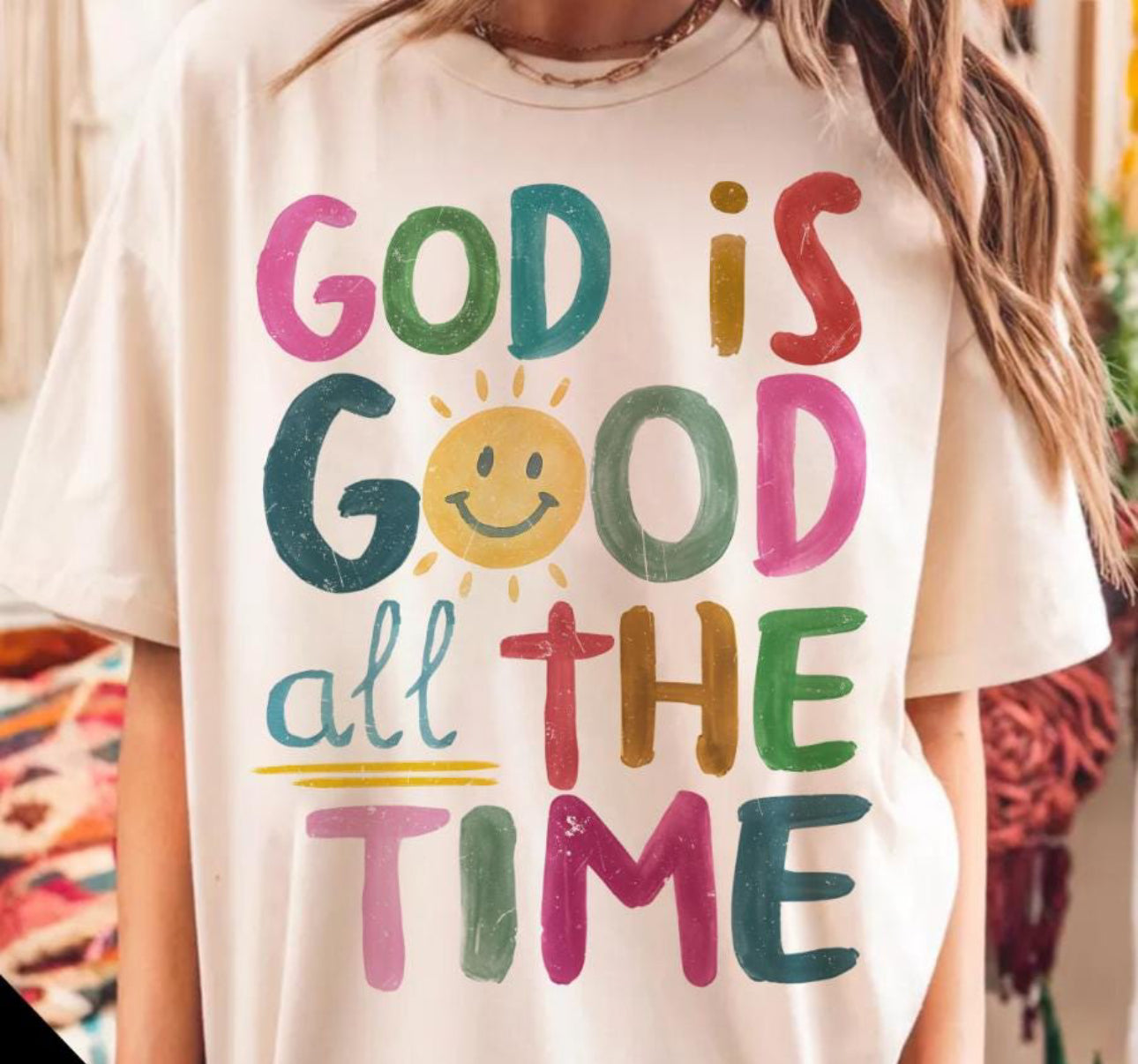 God is good all the time ( happy face) beige tee