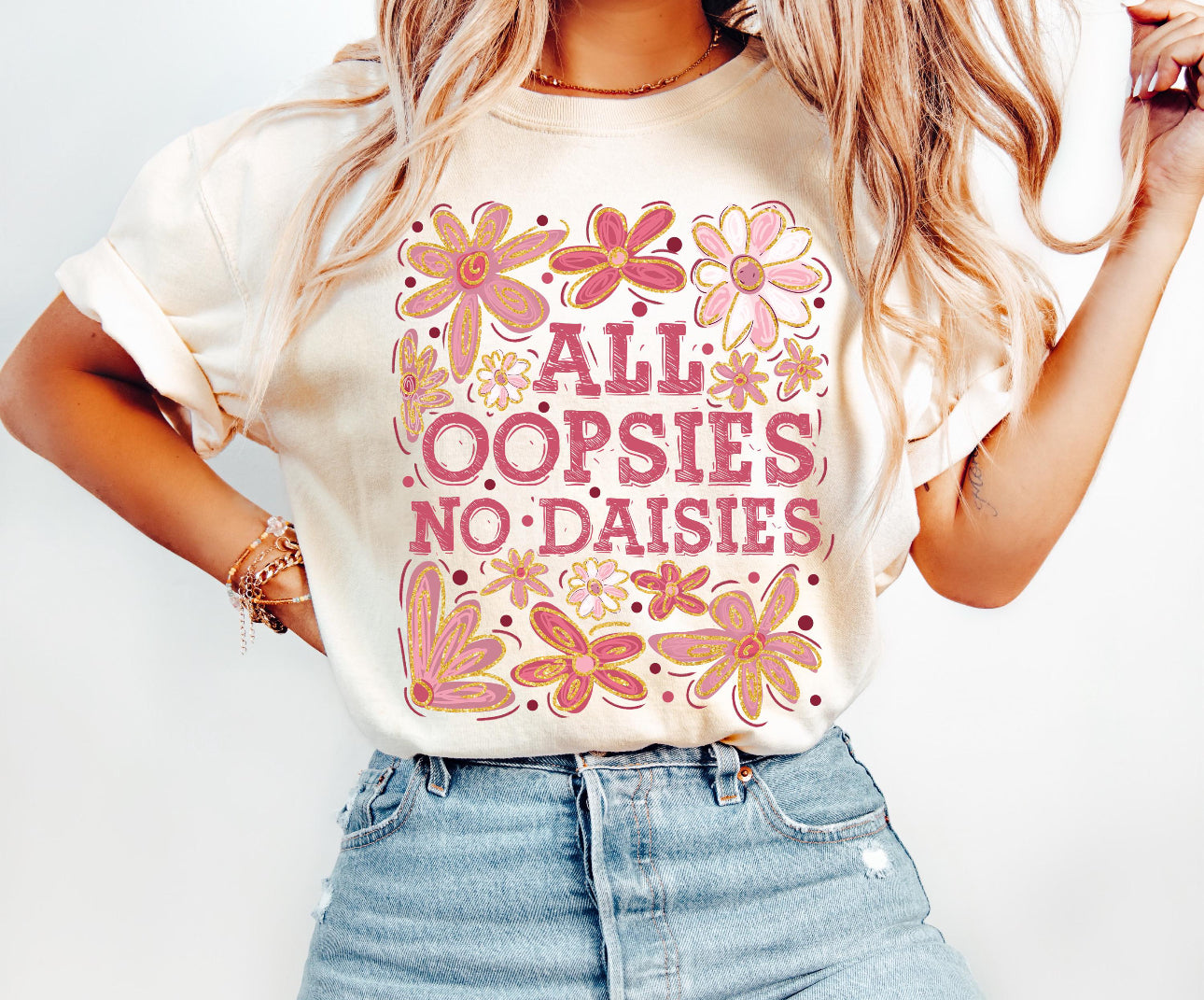 All Oopsies No daisies beige tee