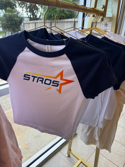blue baby tee stros logo
