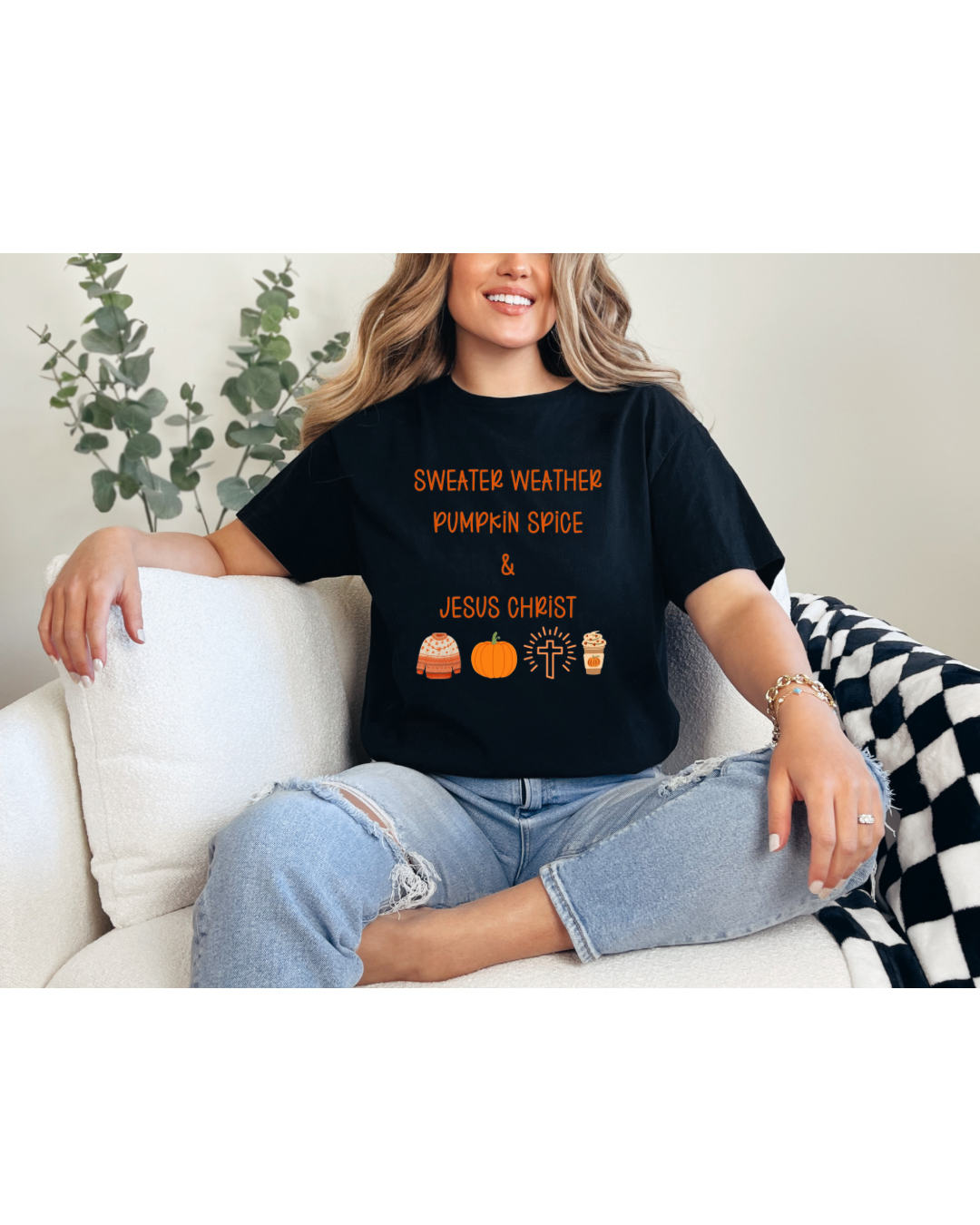sweater weather,pumpkin spice & jesus christ black tee