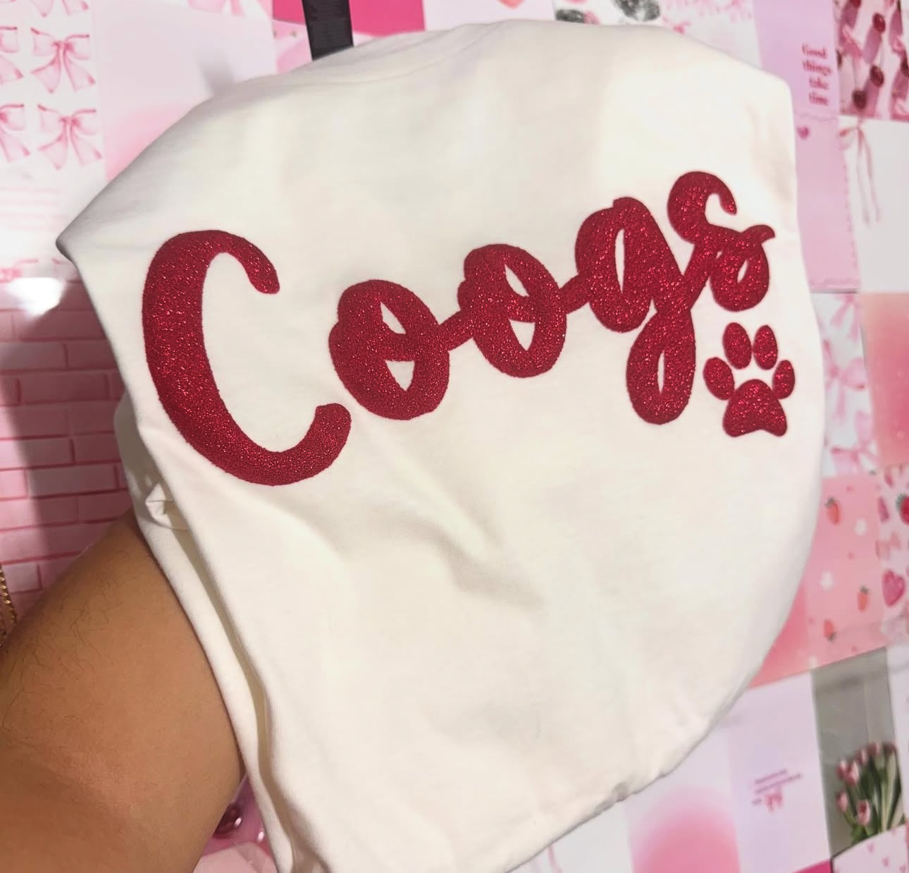 coogs white SHIRT red glitter puff vinyl