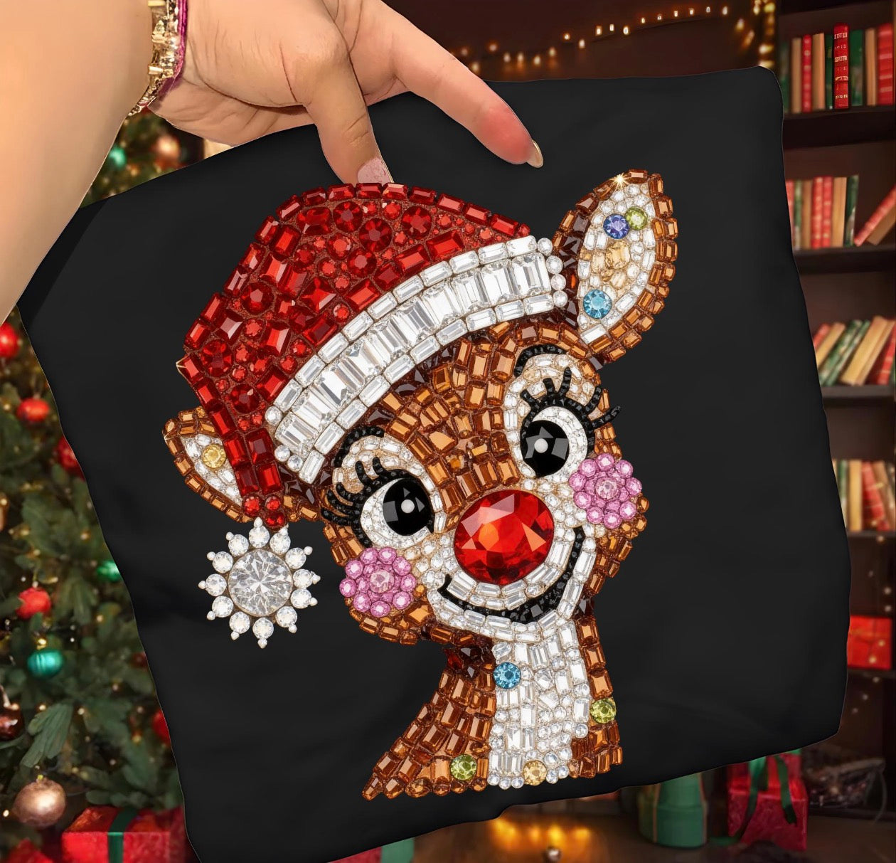 glitter reindeer  black  tee