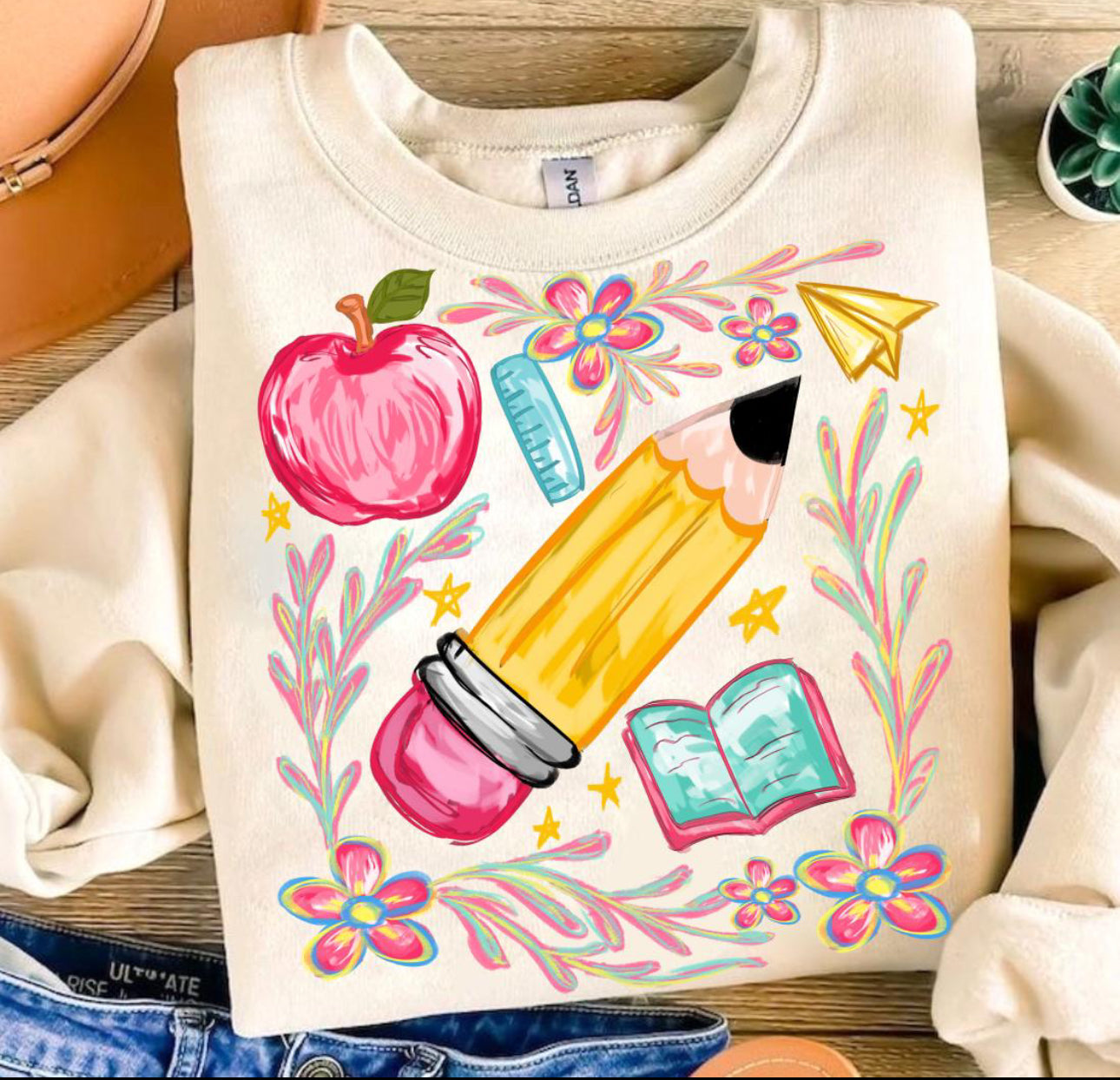 teacher pencil beige tee