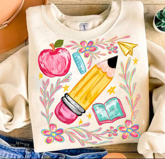 teacher pencil beige tee