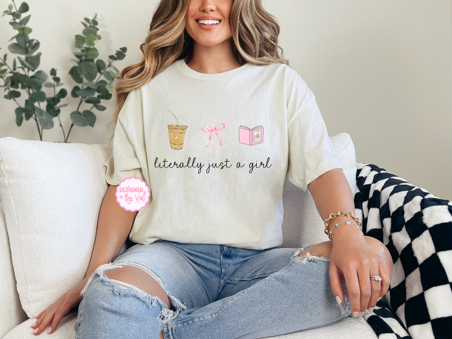 literally just a girl. biege tee